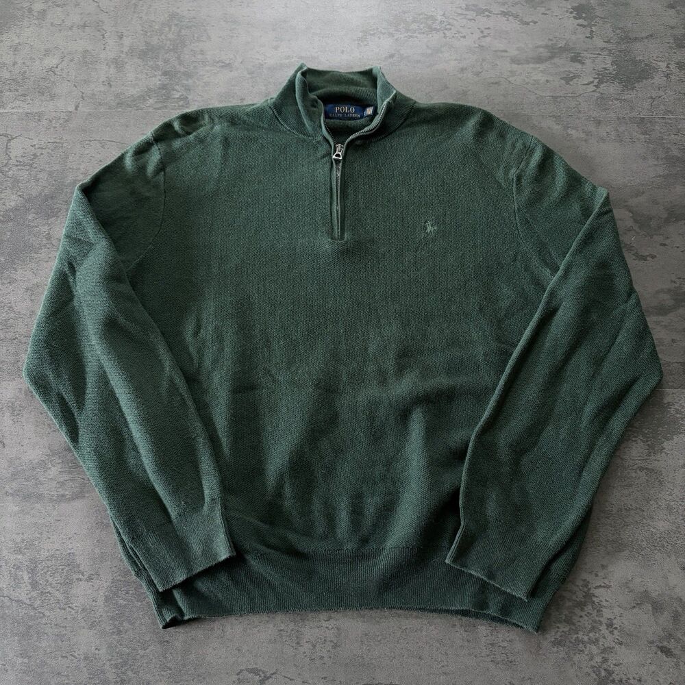 Polo Ralph Lauren Mens Sweater Sz XL Green Quarter Zip Pima Cotton Knit Pullover